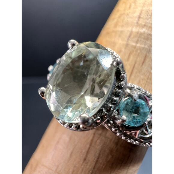 Prasiolite and apatite ring in platinum over copper size 8 - Picture 9 of 16